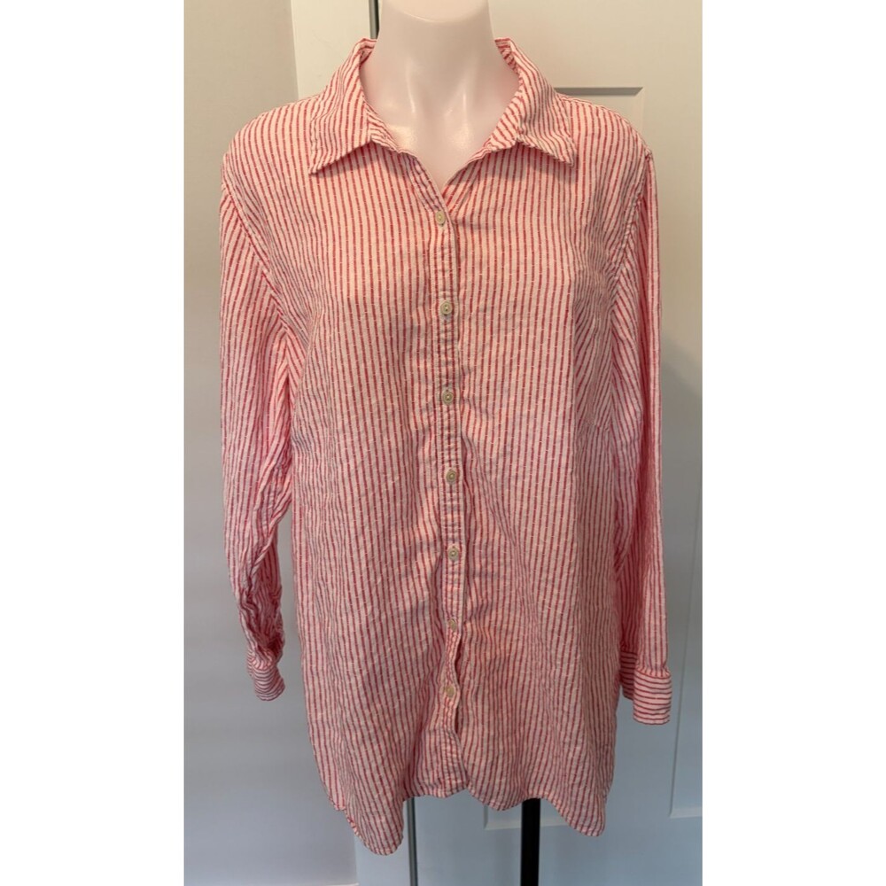 TALBOTS Womens Button TOP Long Sleeve RED White STRIPE Linen Size 2X
